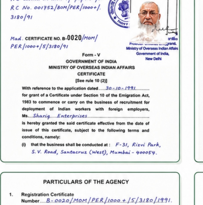 Original Recruiting Agent Certificate issued by Ministry of Overseas Indian Affairs, Government of India