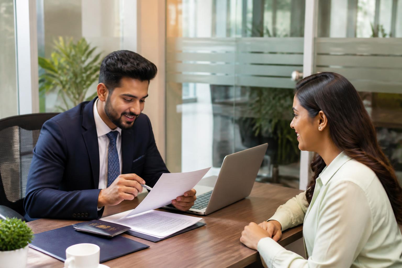 Consultant reviewing travel and visa documents with a client in an office